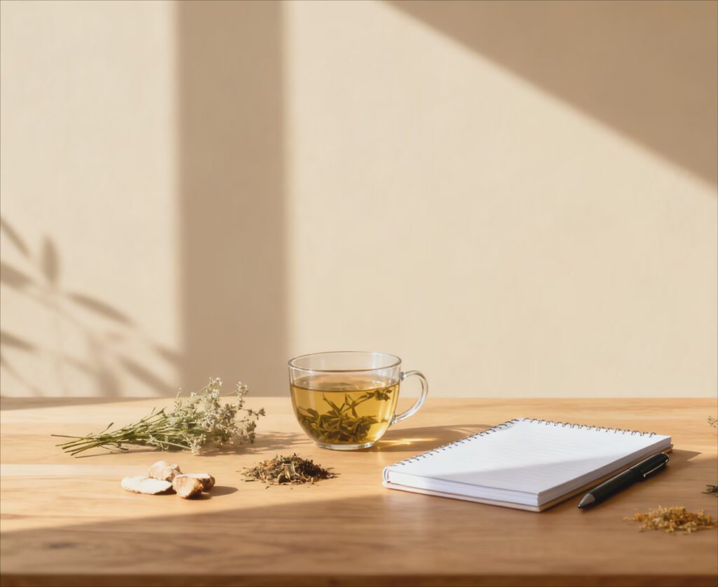 Heilpflanzen, Kräutertee und Notizbuch als Symbol für ganzheitliche Begleitung bei Endometriose